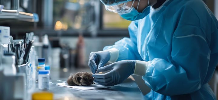 A wildlife rehabilitator examining a small mammal, surrounded by tools and medical supplies in a clean, organized workspace