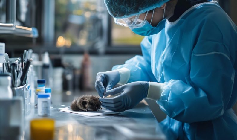A wildlife rehabilitator examining a small mammal, surrounded by tools and medical supplies in a clean, organized workspace